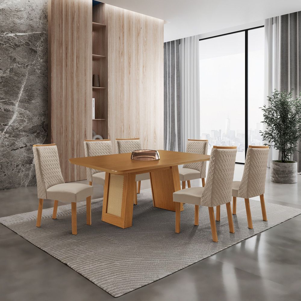 Mesa de Jantar Carolina 6 Lugares Retangular MDF 180CM Creme e Naturale Moderna
