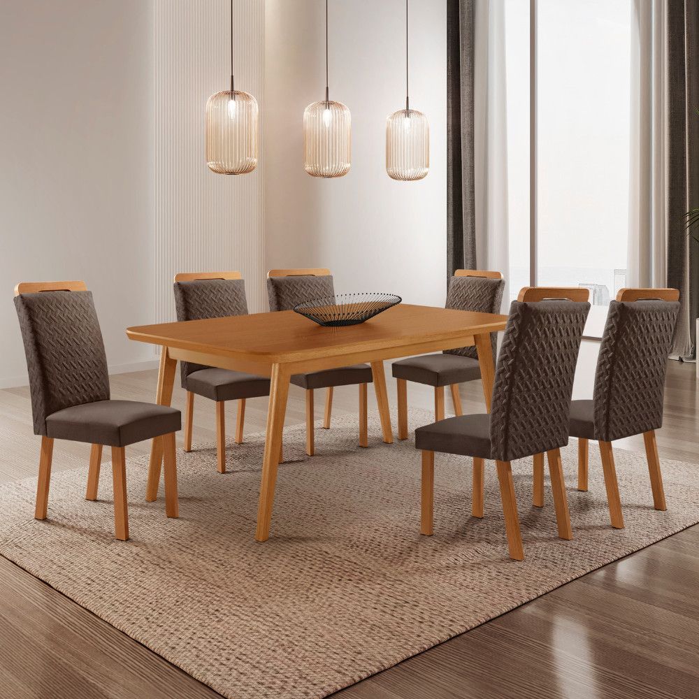 Mesa de Jantar Copper 6 Lugares Retangular MDF 180CM Marrom e Naturalle com 6 Cadeiras Aline Moderna