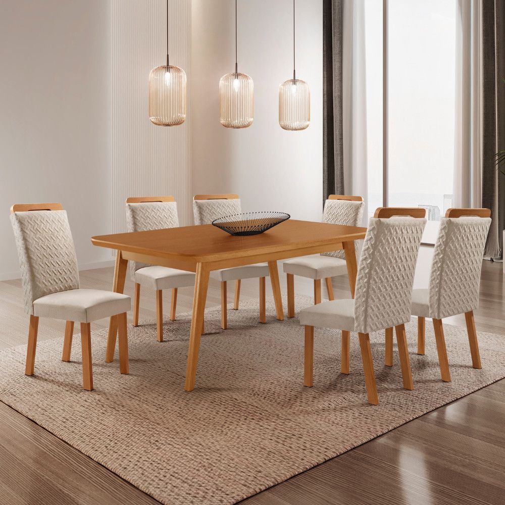 Mesa de Jantar Copper 6 Lugares Retangular MDF 180CM Creme e Natural Moderna 6 Cadeiras
