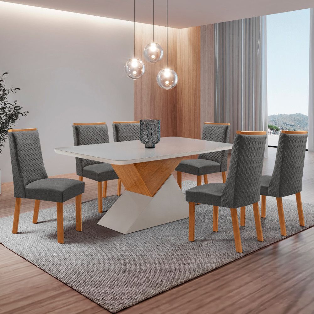 Mesa de Jantar com Cadeiras Aster e Carolina 6 Lugares Retangular MDF com Vidro Serigrafado 180CM Grafite Moderna