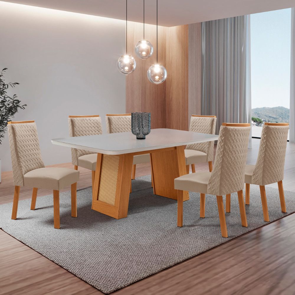 Mesa de Jantar Carolina 6 Lugares Retangular MDF com Vidro Serigrafado 180CM Off White Moderna