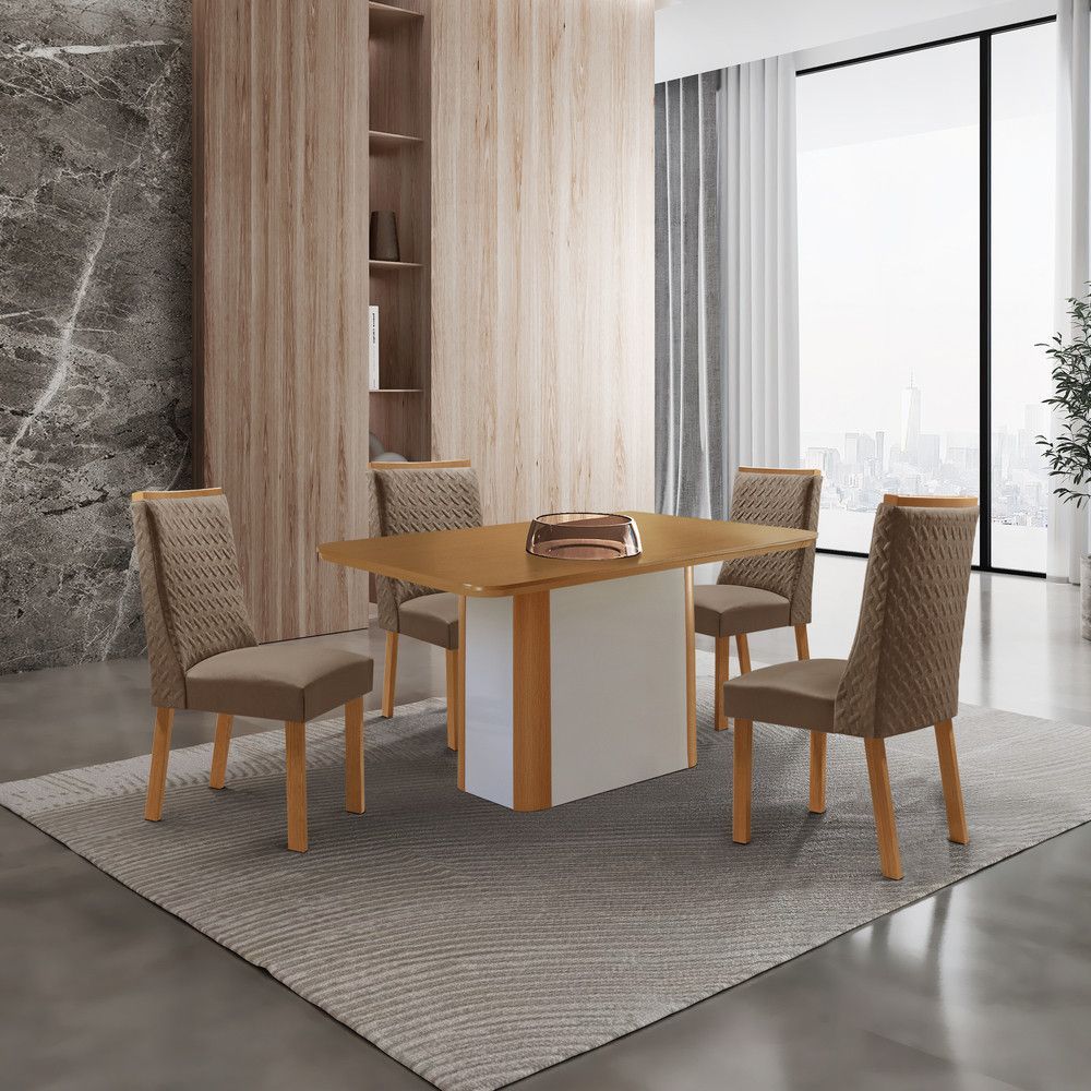 Mesa de Jantar Isadora 4 Lugares Retangular MDF 120CM Bege com Cadeiras Carolina Veludo Capuccino Moderna