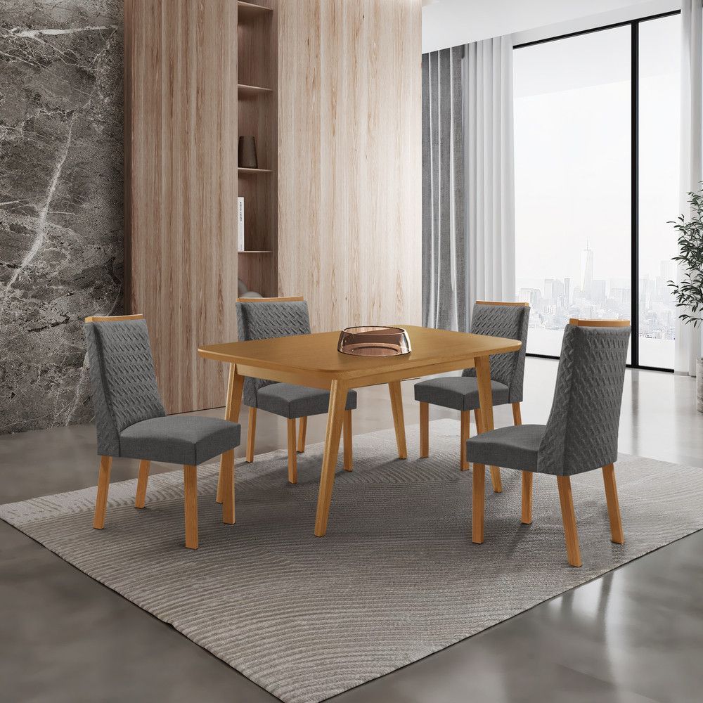 Mesa de Jantar Copper 4 Lugares Retangular MDF 120CM Grafite e Naturalle com 4 Cadeiras Carolina Moderna 120CM