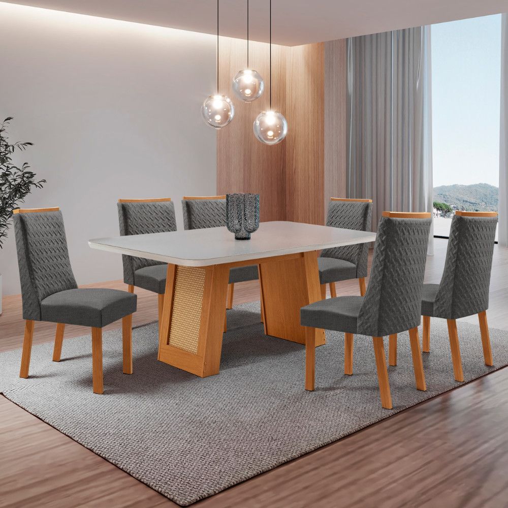 Mesa de Jantar Carolina 6 Lugares Retangular MDF com Vidro Serigrafado 180CM Grafite Moderna