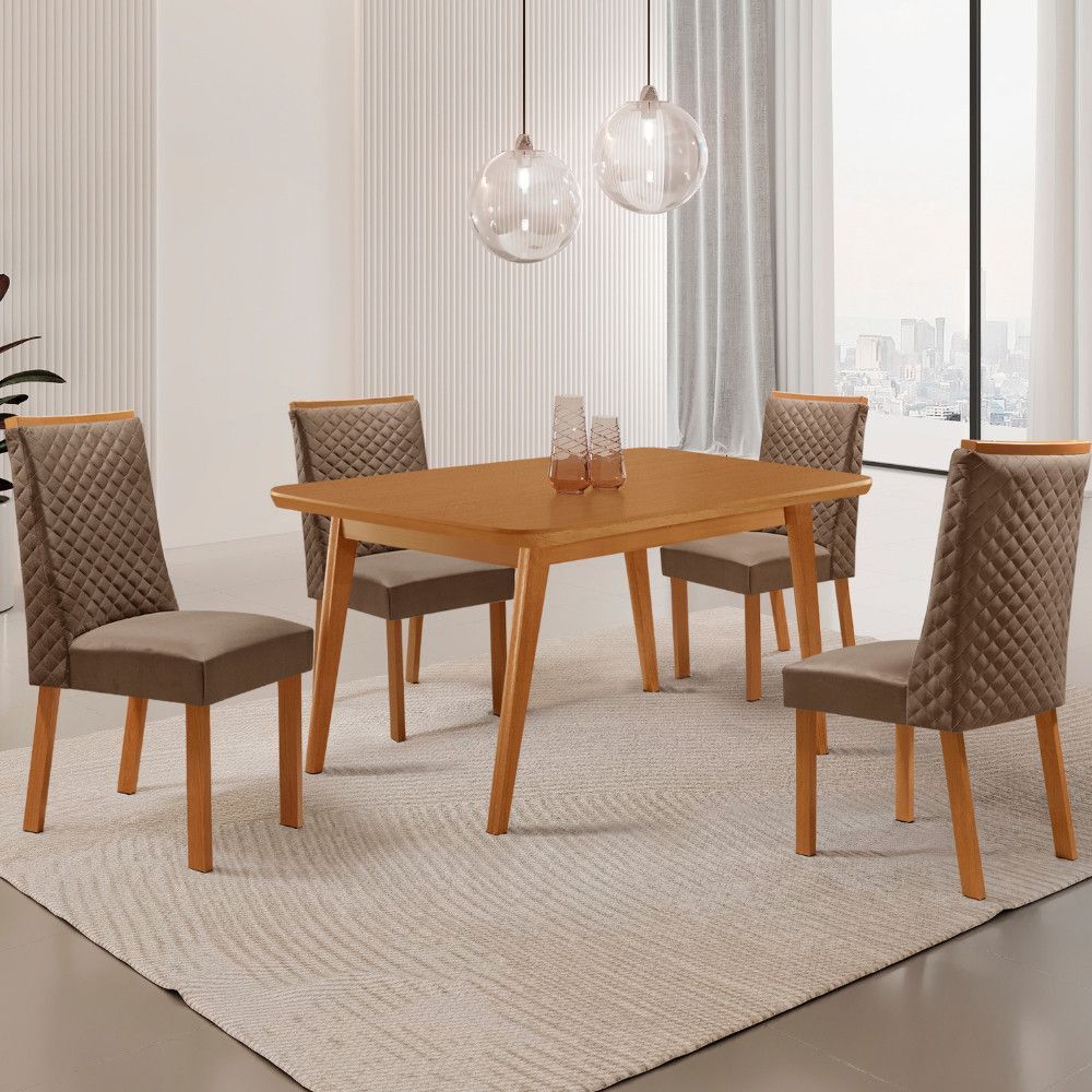 Mesa de Jantar Copper 4 Lugares Retangular MDF Laminado 120CM Creme 4 Cadeiras Yasmin Veludo Capuccino-Naturalle Moderna