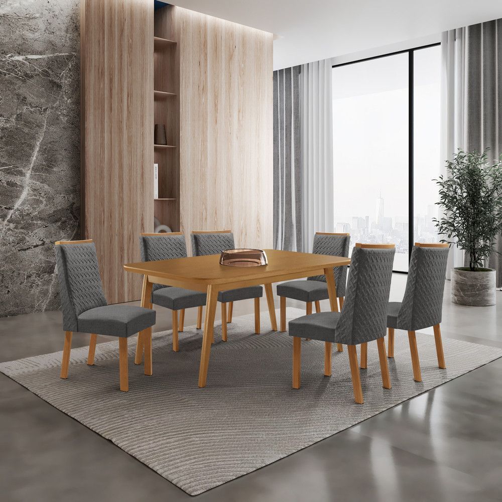Mesa de Jantar Copper 6 Lugares Retangular MDF 180CM Grafite e Cadeiras Carolina Moderna