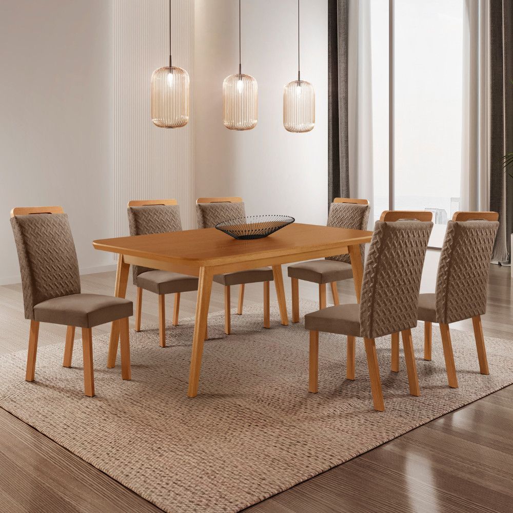Mesa de Jantar Copper 6 Lugares Retangular MDF 180CM Creme com Cadeiras Aline Veludo Capuccino-Naturalle Moderna