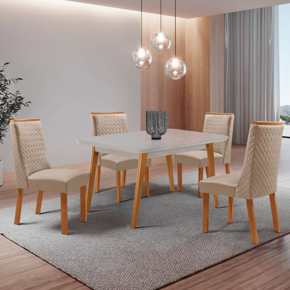 Mesa de Jantar com Cadeiras Copper Carolina 4 Lugares Retangular MDF com Vidro 120CM Off White Moderna