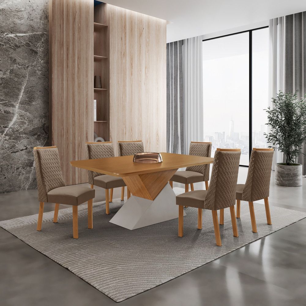 Mesa de Jantar Aster 6 Lugares Retangular MDF 180CM Off White com 6 Cadeiras Carolina Veludo Moderna