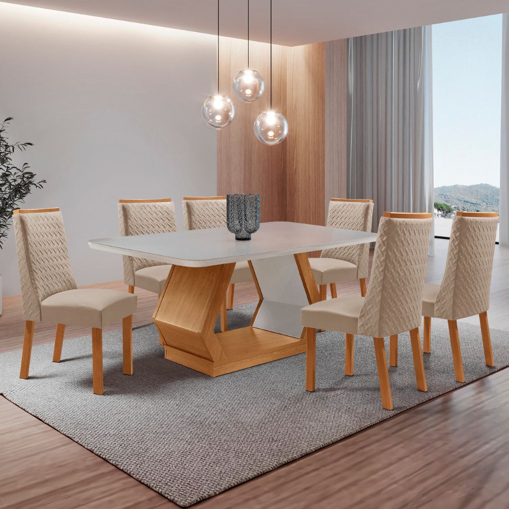 Mesa de Jantar Alvorada 6 Lugares Retangular MDF com Vidro Serigrafado 180CM Off White Moderna