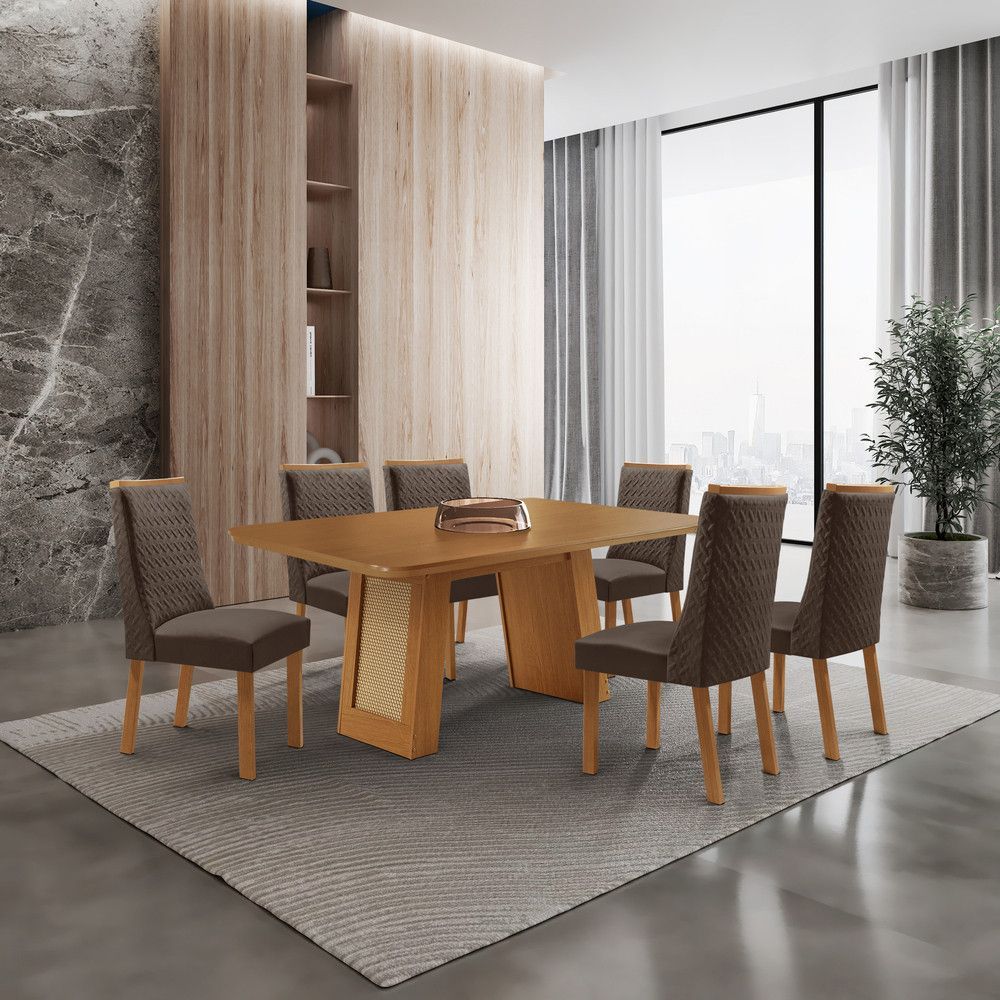 Mesa de Jantar Carolina 6 Lugares Retangular MDF 180CM Marrom e Veludo Moderna