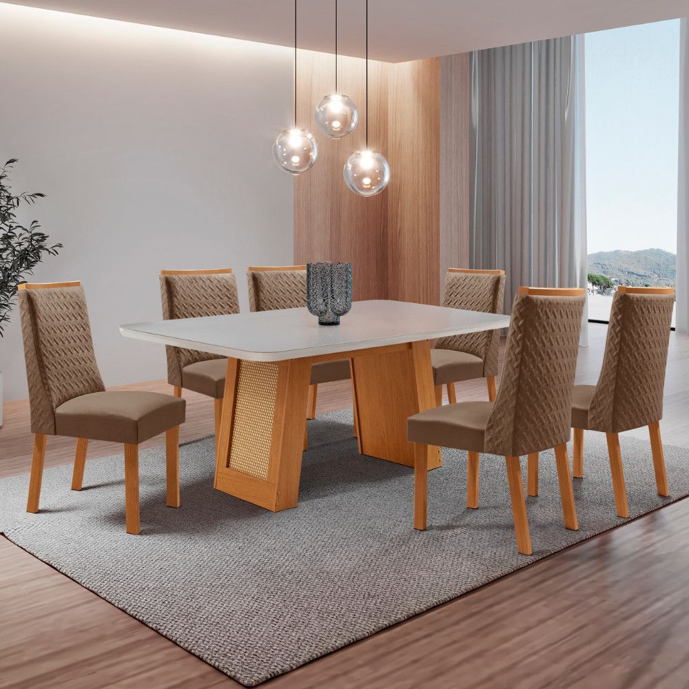 Mesa de Jantar Carolina 6 Lugares Retangular MDF com Vidro Serigrafado 180CM Off White Moderna