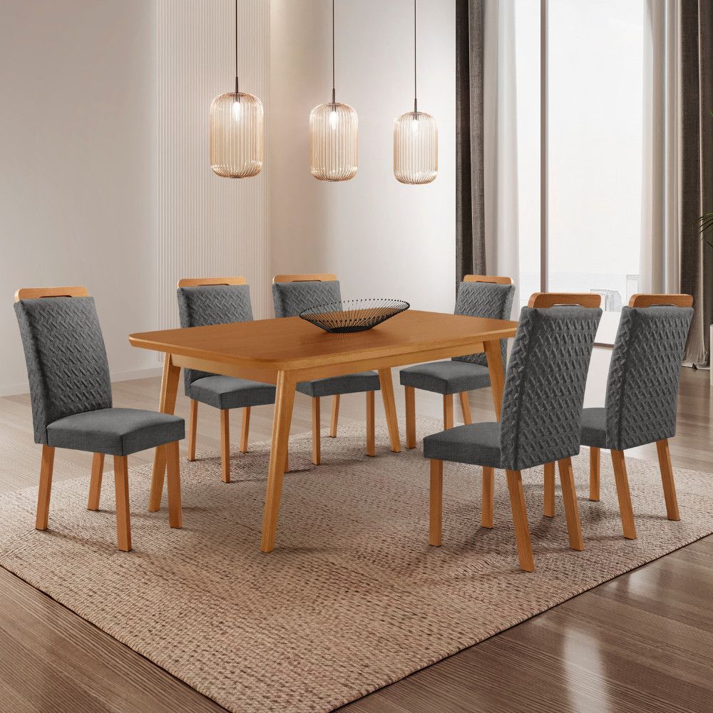 Mesa de Jantar Copper 6 Lugares Retangular MDF 180CM Grafite e Naturalle com Cadeiras Aline Moderna