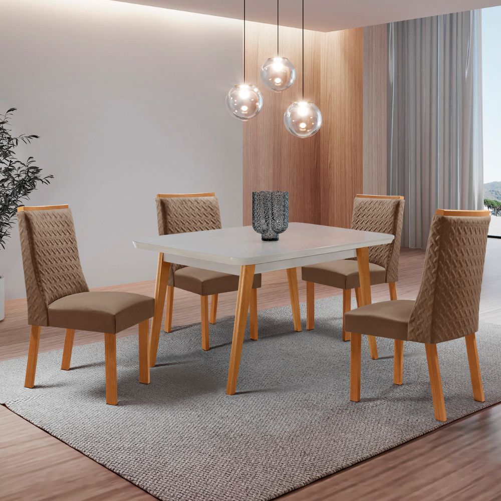 Mesa de Jantar Copper 4 Lugares Retangular MDF com Vidro Serigrafado 120CM Off White Moderna