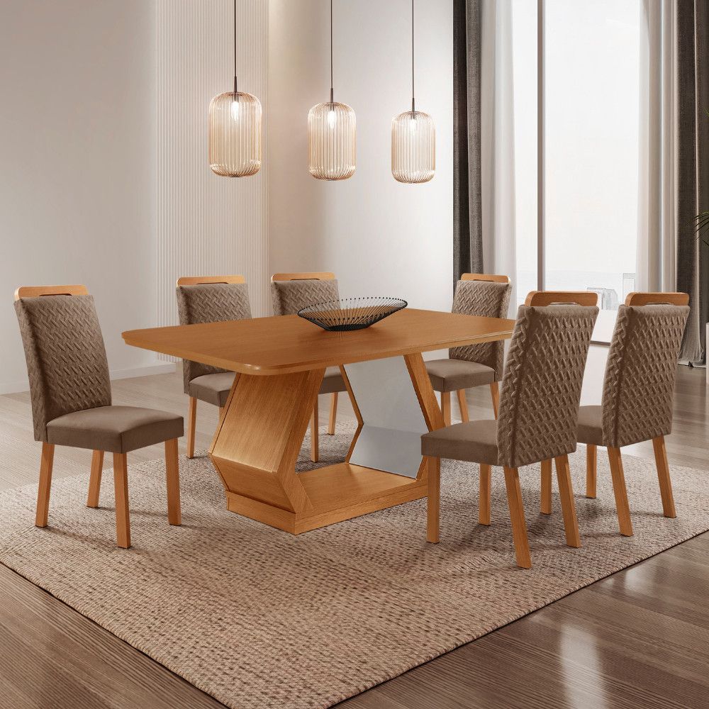 Mesa de Jantar Alvorada 6 Lugares Tampo em MDF com Canto Copo e Cadeiras Aline Estofadas em Veludo Off White 180CM