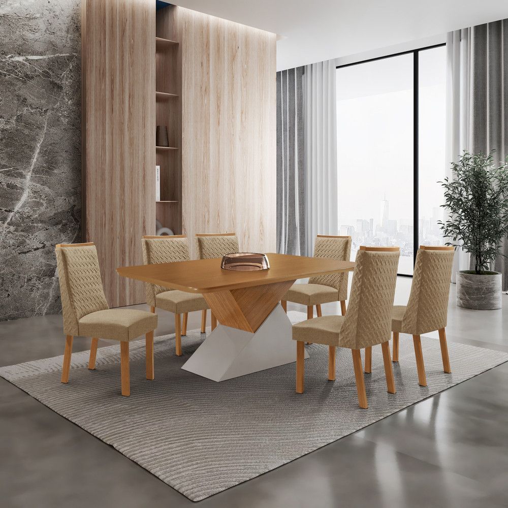 Mesa de Jantar Aster 6 Lugares Retangular MDF 180CM Off White com 6 Cadeiras Carolina Moderna