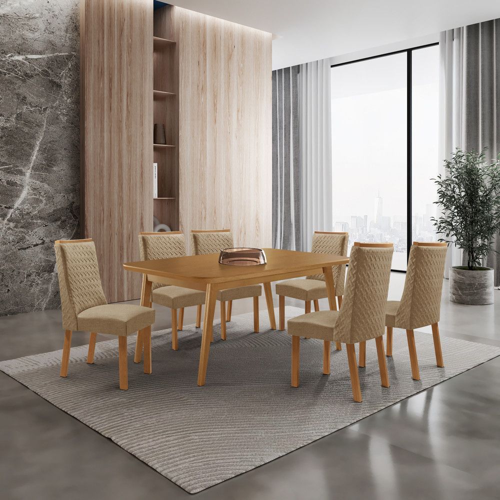 Mesa de Jantar Copper 6 Lugares Retangular MDF 180CM Café Moderna com 6 Cadeiras Carolina