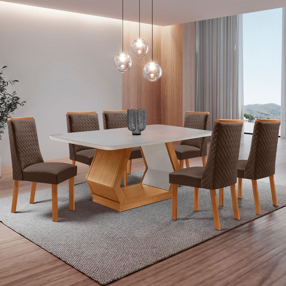Mesa de Jantar com Cadeiras Alvorada e Carolina 6 Lugares Retangular MDF com Vidro Serigrafado 180CM Marrom Moderna
