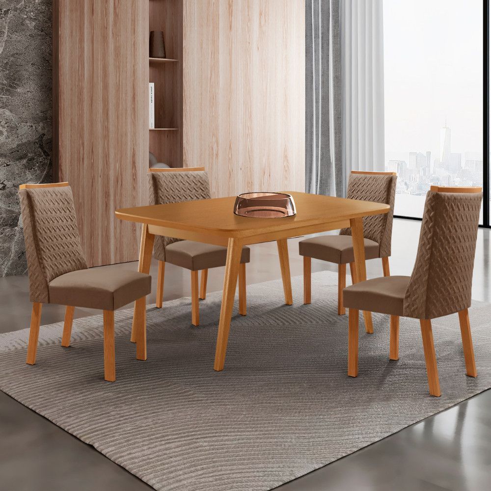 Mesa de Jantar Copper 4 Lugares Retangular MDF 120CM Creme Moderna com 4 Cadeiras Carolina