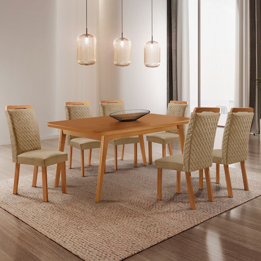 Mesa de Jantar Copper 6 Lugares Retangular MDF 180CM Amadeirado Moderna com 6 Cadeiras Aline