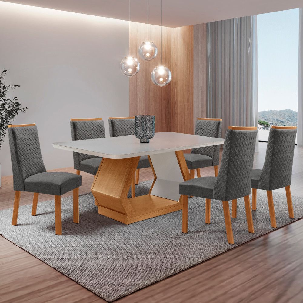 Mesa de Jantar Alvorada 6 Lugares Retangular MDF com Vidro Serigrafado 180CM Grafite Moderna