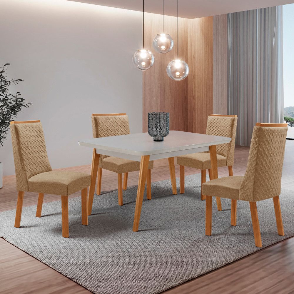 Mesa de Jantar Copper 4 Lugares Retangular MDF com Vidro 120CM Off White Moderna