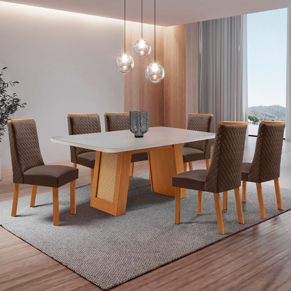 Mesa de Jantar Carolina 6 Lugares Retangular MDF com Vidro Serigrafado 180CM Marrom Moderna