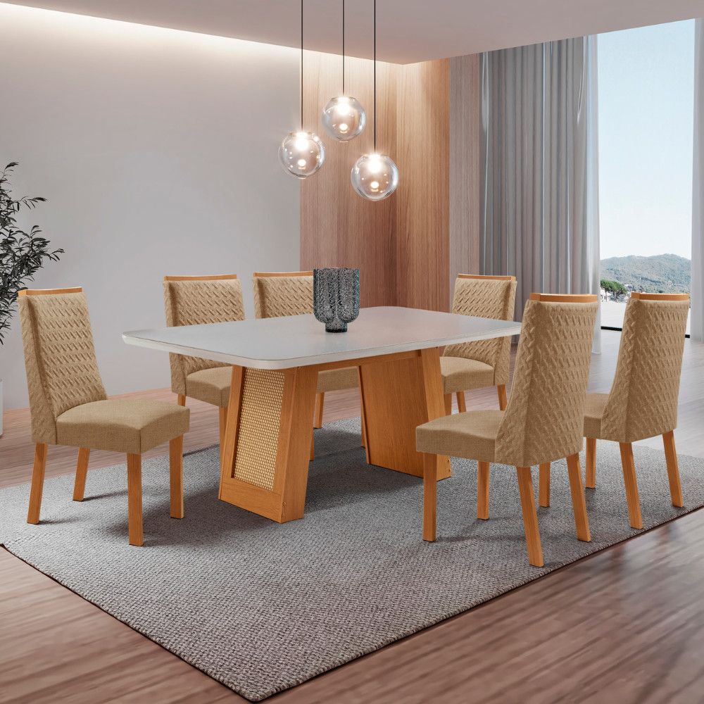 Mesa de Jantar Carolina 6 Lugares Retangular MDF com Vidro Serigrafado 180CM Off White Moderna