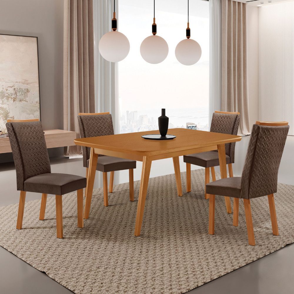 Mesa de Jantar Copper 4 Lugares Tampo em MDF com Canto Copo e 4 Cadeiras Lisa Estofadas em Veludo Marrom 120CM Moderna