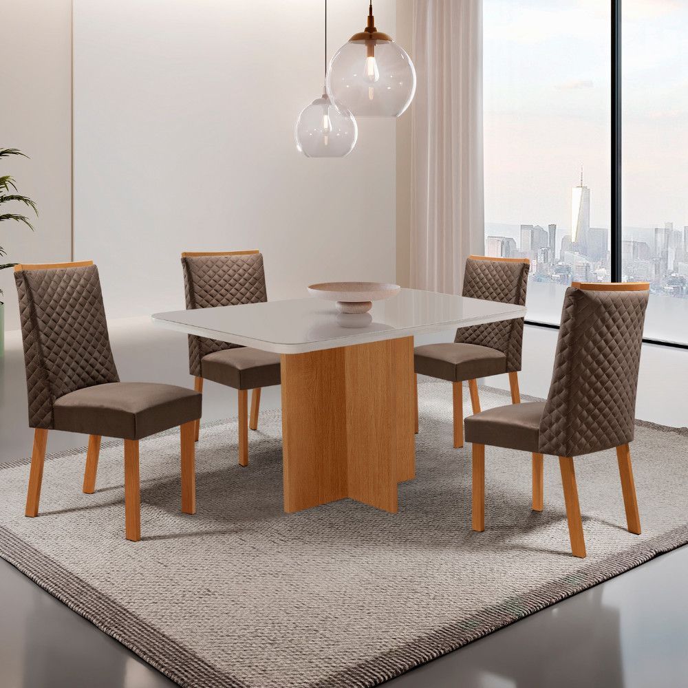 Conjunto de Jantar Olimpia com Cadeiras Yasmin 4 Lugares Tampo em MDF com Vidro Serigrafado Veludo Marrom 120CM Moderna