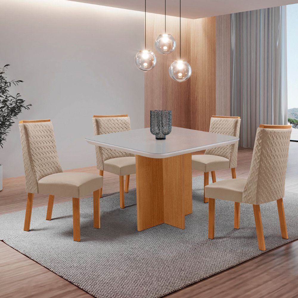 Conjunto de Jantar Olímpia 4 Lugares Tampo em MDF com Vidro Serigrafado Creme 90CM Moderna