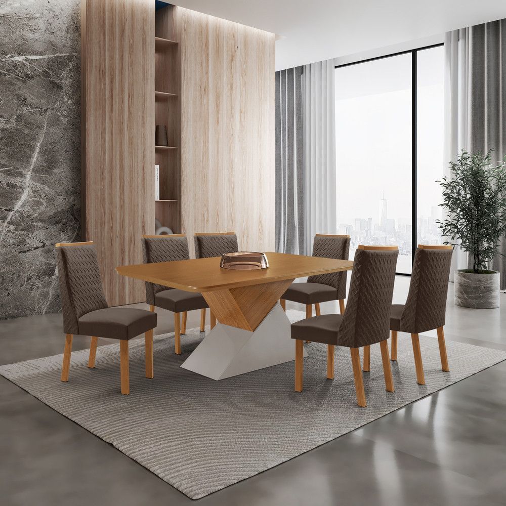 Mesa de Jantar Aster 6 Lugares Retangular MDF 180CM Marrom com Cadeiras Carolina Veludo Moderna 180CM