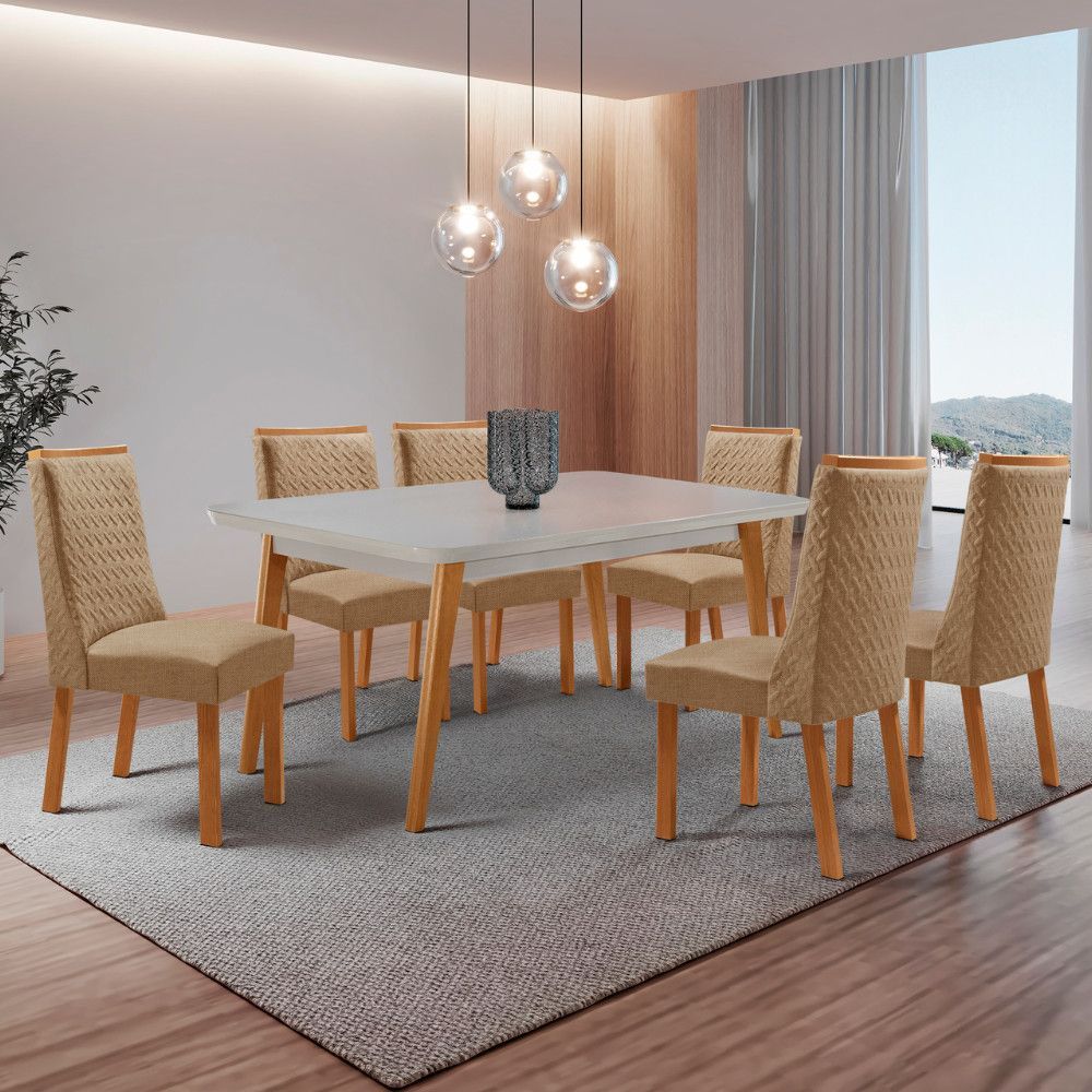 Conjunto de Jantar Copper 6 Lugares Tampo em MDF com Vidro Serigrafado e Cadeiras Carolina Estofadas Off White 180CM