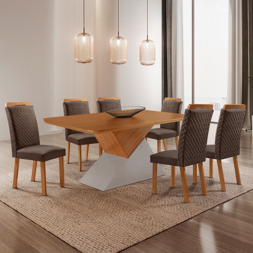 Conjunto de Jantar Aster e Aline 6 Lugares Tampo em MDF com Cadeiras em Veludo Marrom 180CM Moderna