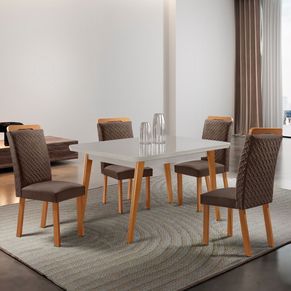 Conjunto de Jantar Copper e Aline 4 Lugares Tampo em MDF com Vidro Serigrafado e Cadeiras em Veludo Marrom 120CM Moderna