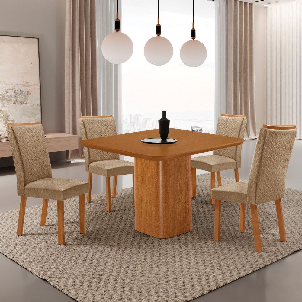 Conjunto de Jantar Eloise 4 Lugares Tampo em MDF com Canto Copo e Cadeiras Lisa Estofadas Naturale 90CM Moderna
