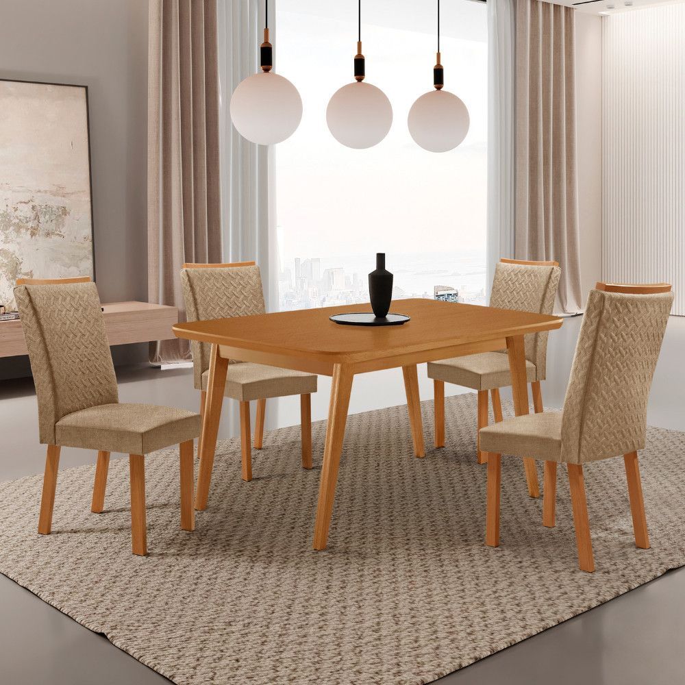 Conjunto de Jantar Copper e Lisa 4 Lugares Tampo em MDF com Acabamento Canto Copo Café 120CM Moderna