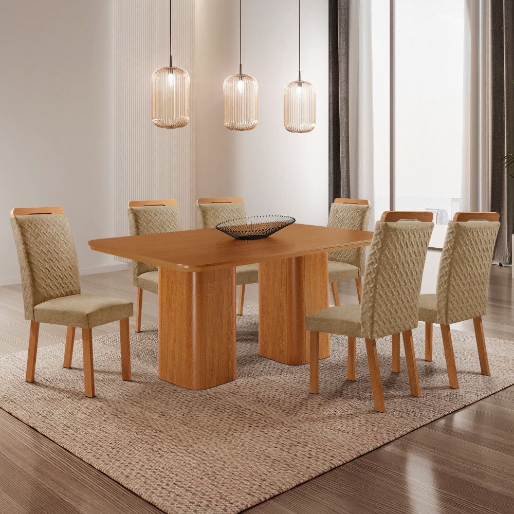 Conjunto de Jantar Eloise e Aline 6 Lugares Tampo em MDF com Cadeiras Estofadas Off White 180CM Moderna