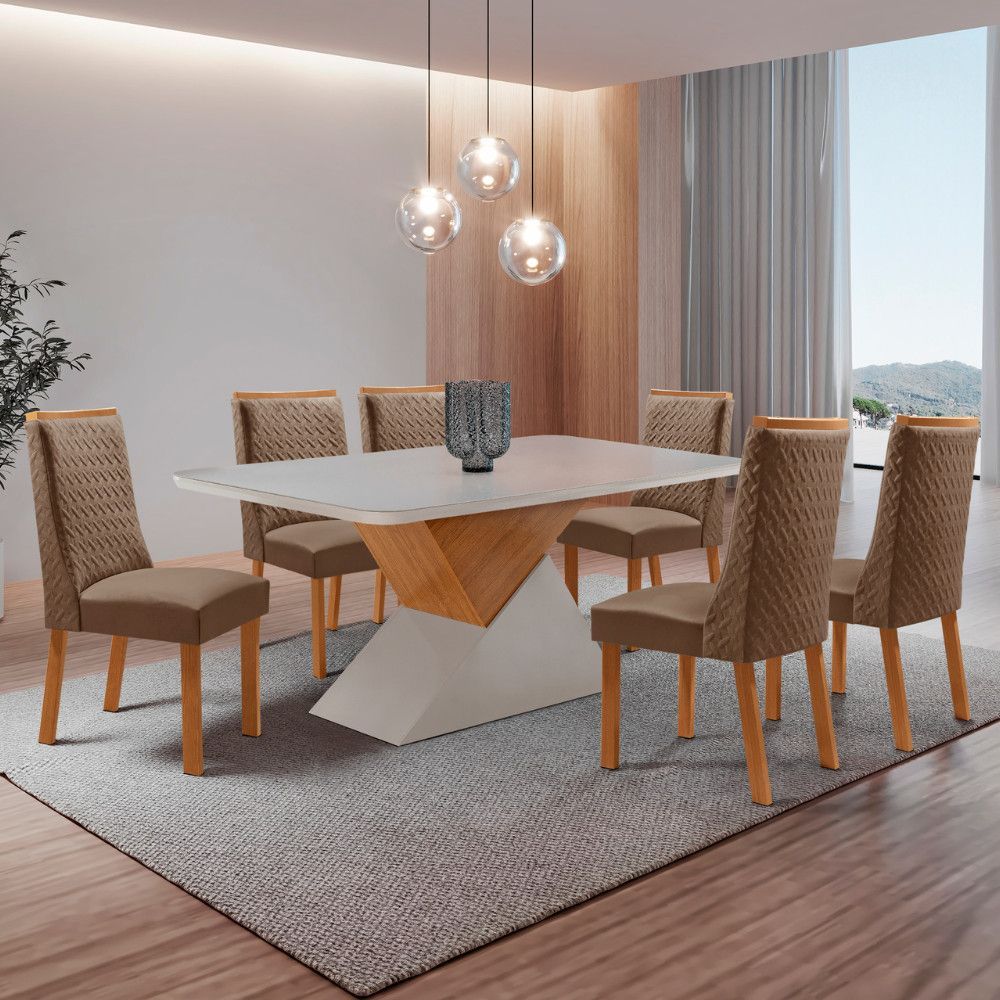 Conjunto de Jantar Aster e Carolina 6 Lugares Tampo em MDF com Canto Copo e Cadeiras em Veludo Off White 180CM Moderna