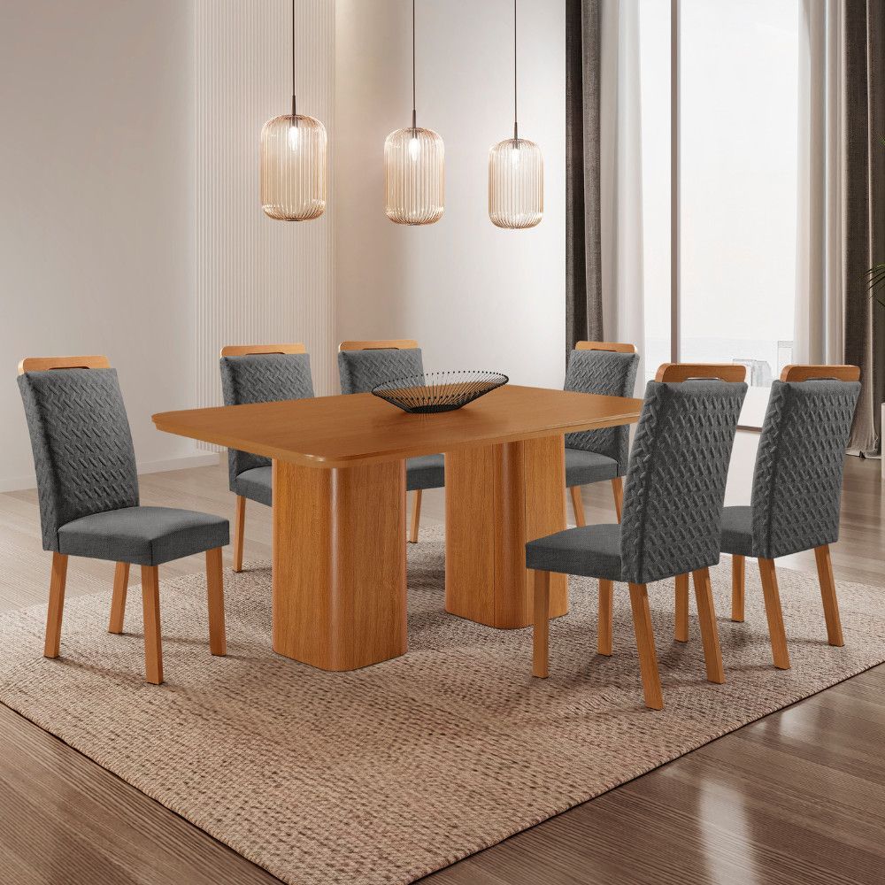 Conjunto de Jantar Eloise 6 Lugares Tampo em MDF com Cadeiras Aline Estofadas em Linho Grafite 180CM Moderna