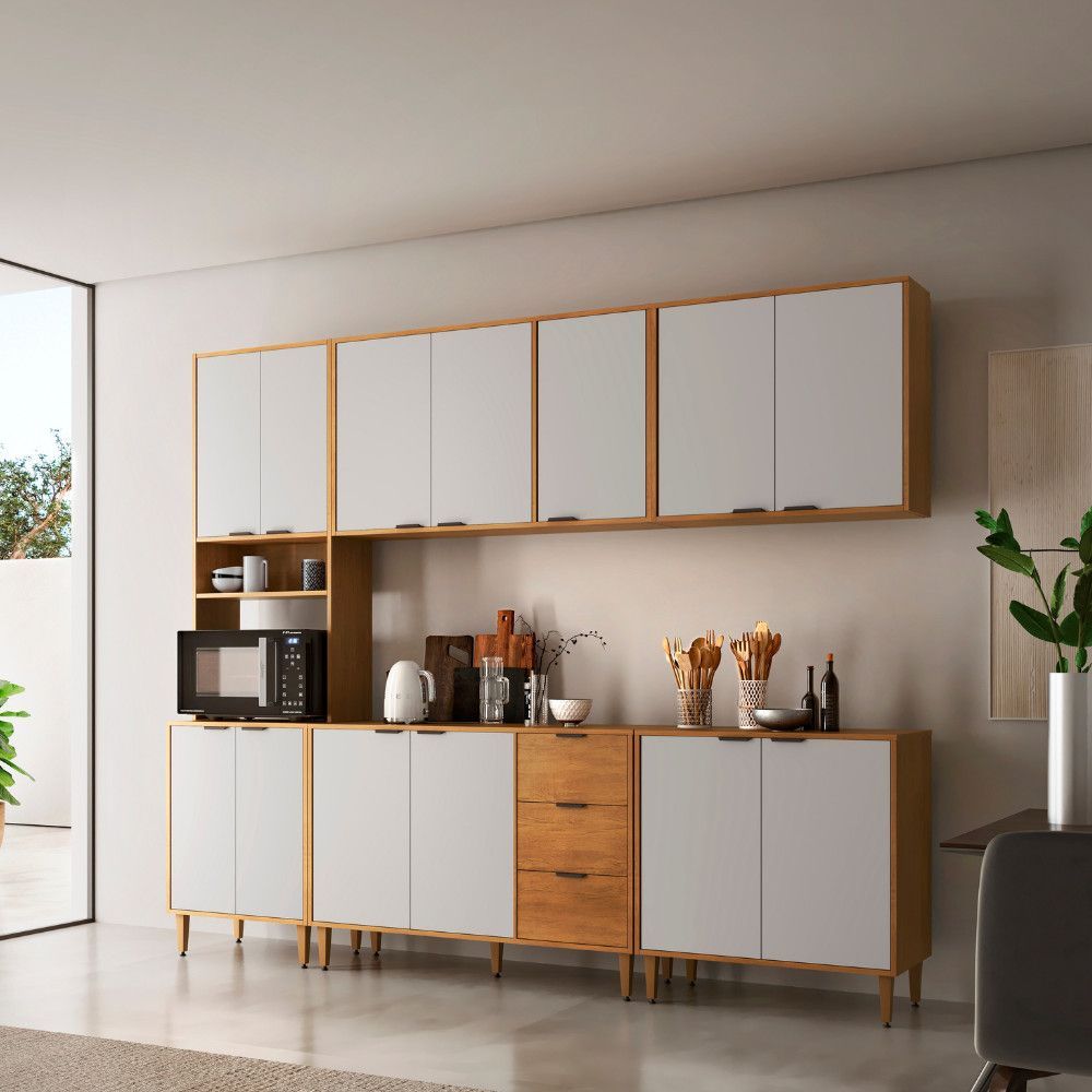 Armário de Cozinha Completo Luisa 100% MDF 260CM Naturalle e Off White 5 Módulos Moderna