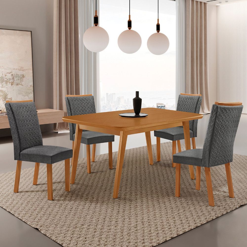 Conjunto de Jantar Copper 4 Lugares Tampo em MDF com Canto Copo e Cadeiras Lisa Estofadas em Linho Grafite 120CM Moderna