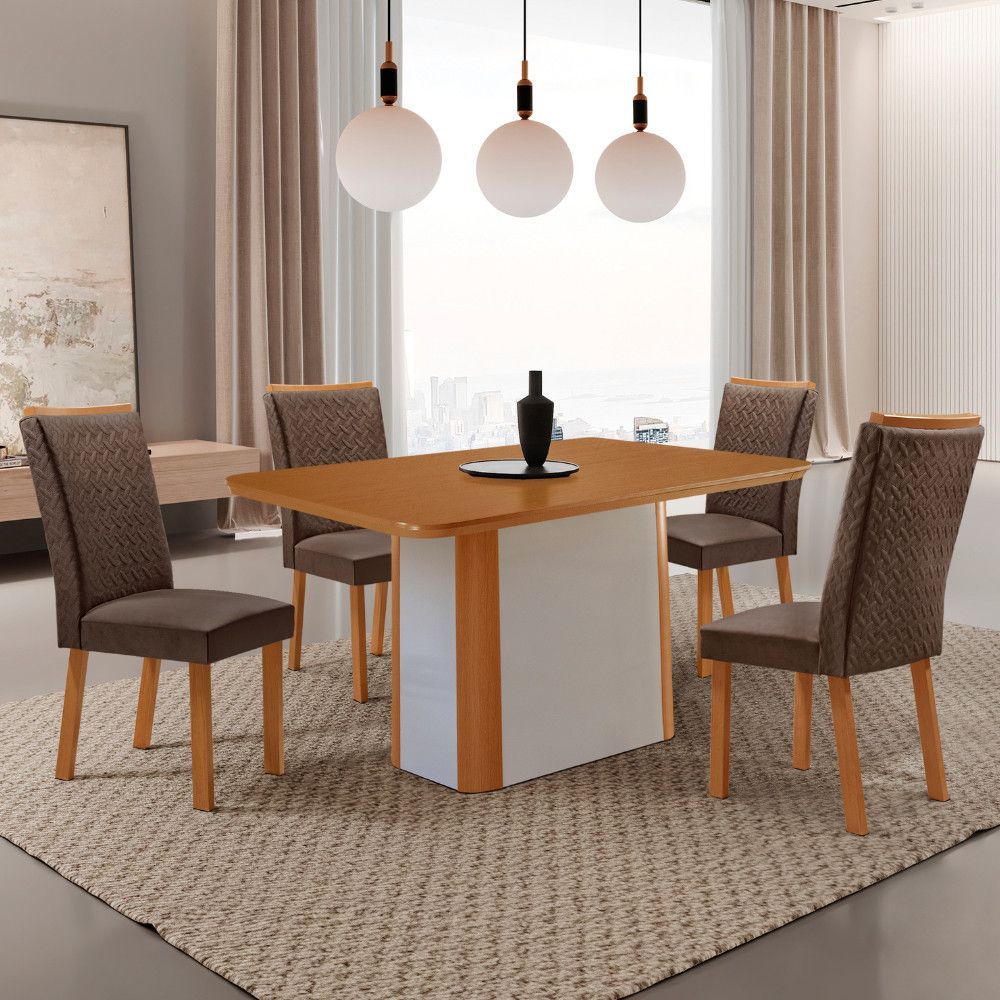 Conjunto de Jantar Isadora 4 Lugares Tampo em MDF com Cadeiras Lisa Estofadas em Veludo Marrom 120CM Moderna