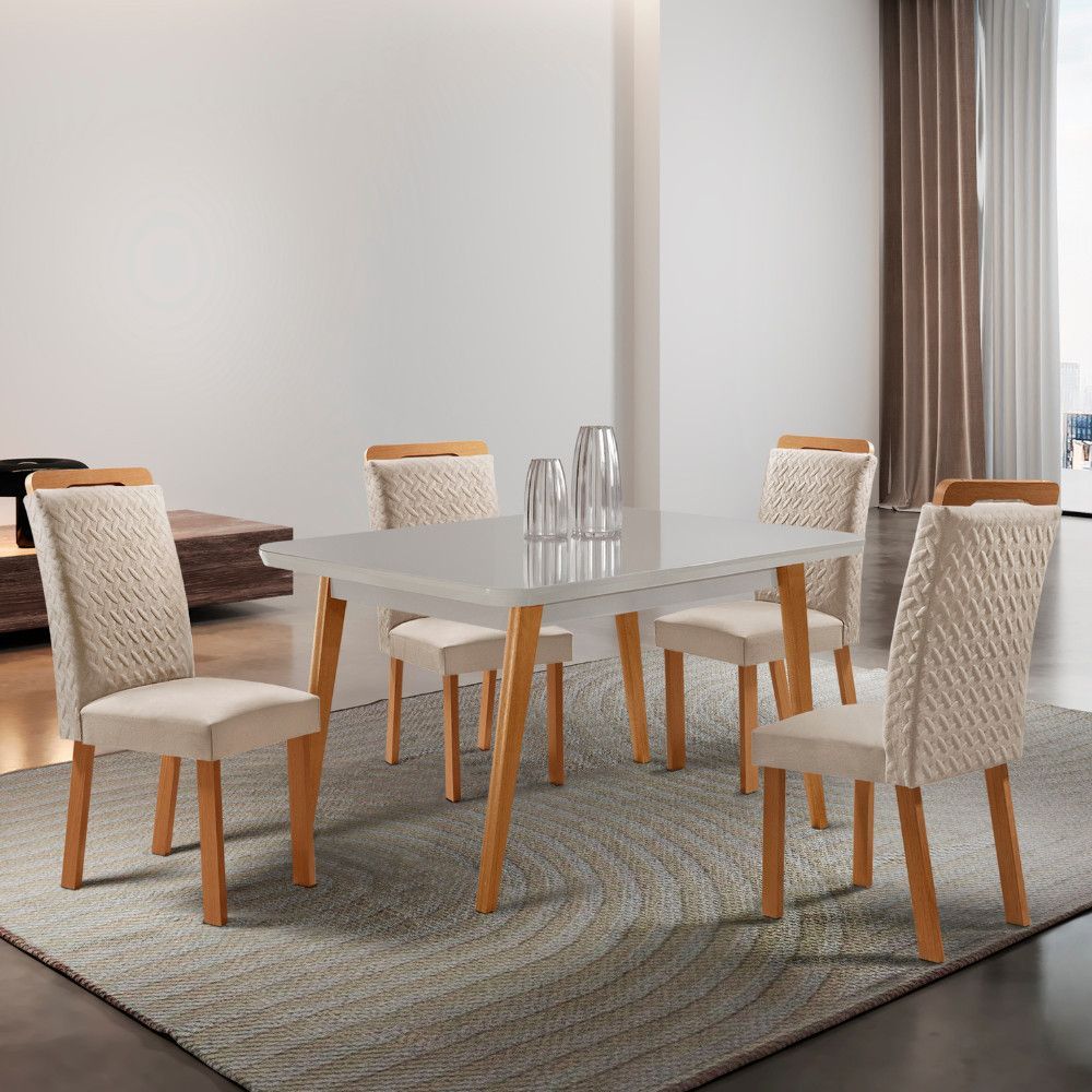 Conjunto de Jantar Copper 4 Lugares Tampo em MDF com Vidro Serigrafado e Cadeiras Aline Estofadas em Veludo Creme 120CM