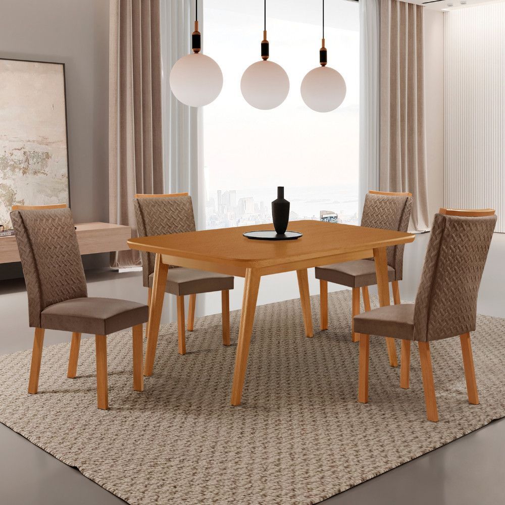 Conjunto de Jantar Copper e Lisa 4 Lugares Tampo em MDF com Acabamento Canto Copo e Cadeiras em Veludo Café 120CM