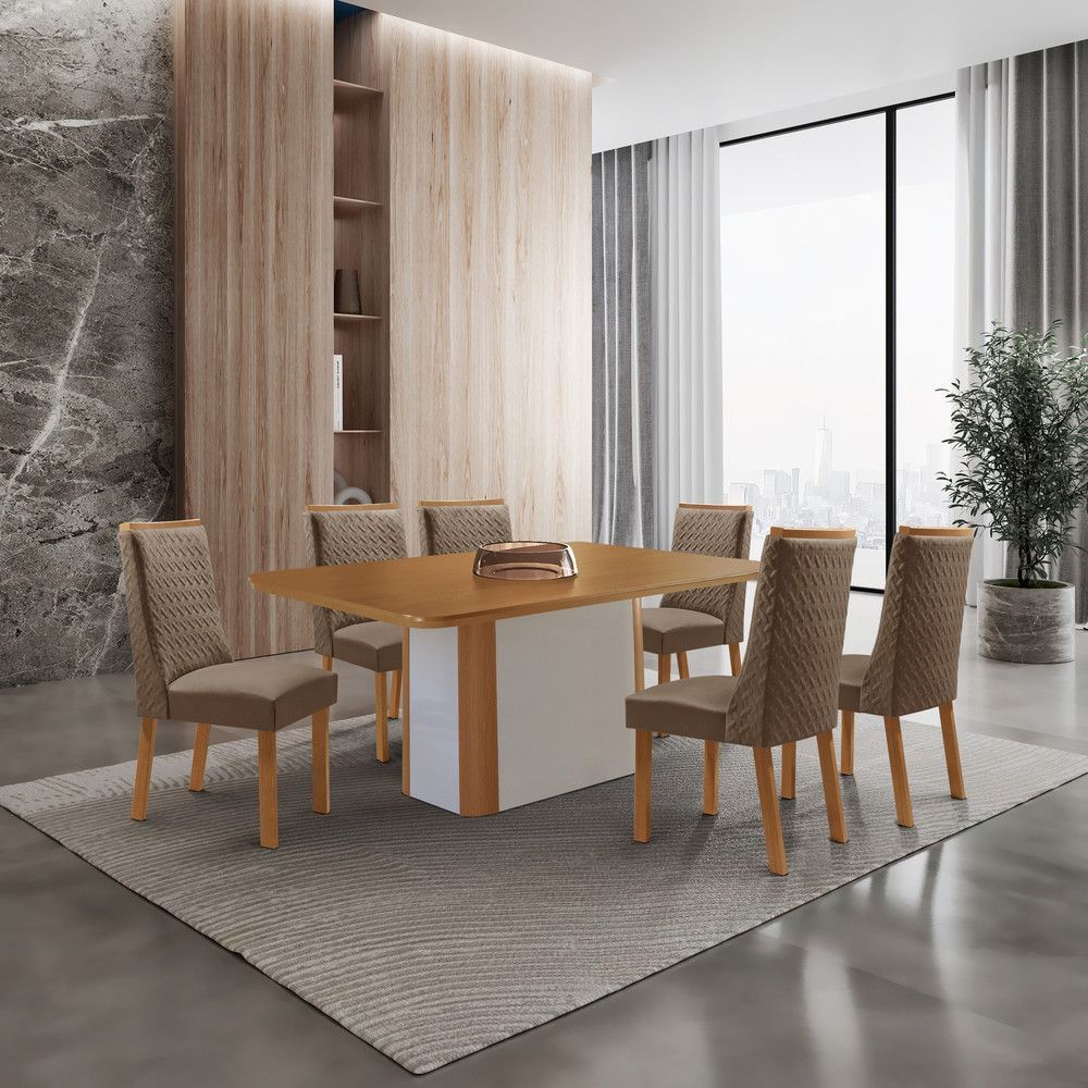 Conjunto de Jantar Isadora 6 Lugares Tampo em MDF com Cadeiras Carolina em Veludo Creme 180CM Moderna