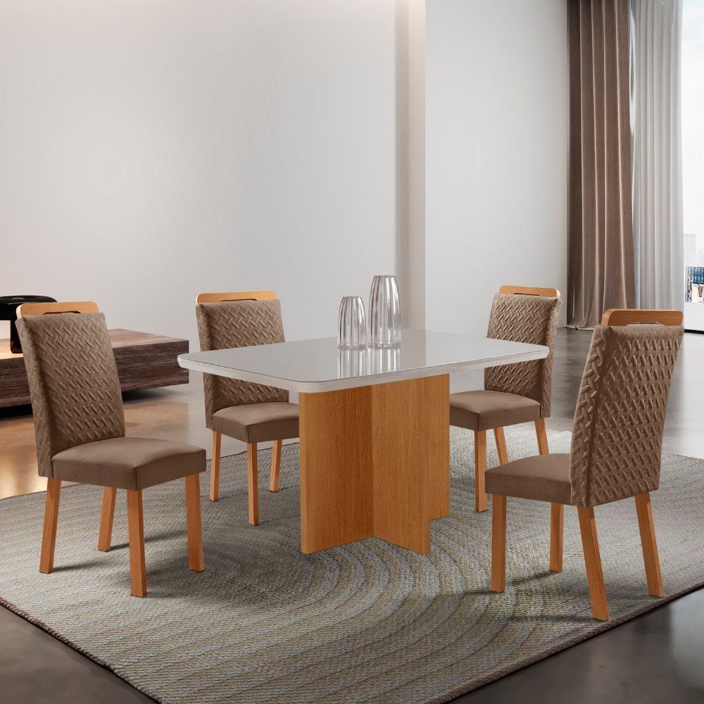 Conjunto de Jantar Olímpia 4 Lugares Tampo em Vidro com Cadeiras Aline Estofadas em Veludo Creme 120CM Moderna
