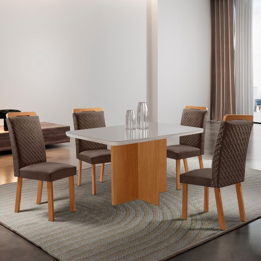Conjunto de Jantar Olimpia 4 Lugares Tampo em MDF com Cadeiras Aline Estofadas Veludo Marrom 120CM Moderna