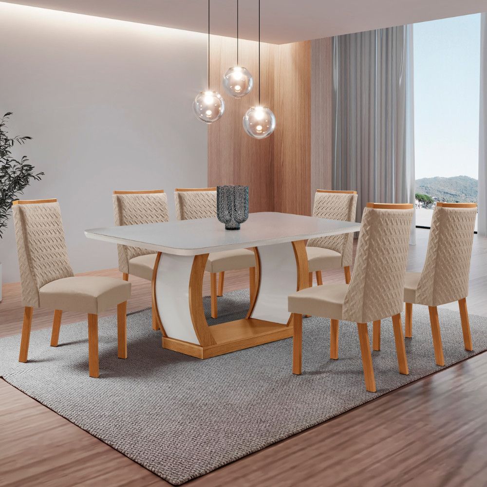 Conjunto de Jantar Milena 6 Lugares Tampo em MDF com Canto Copo e Cadeiras Carolina Estofadas em Veludo Creme 180CM