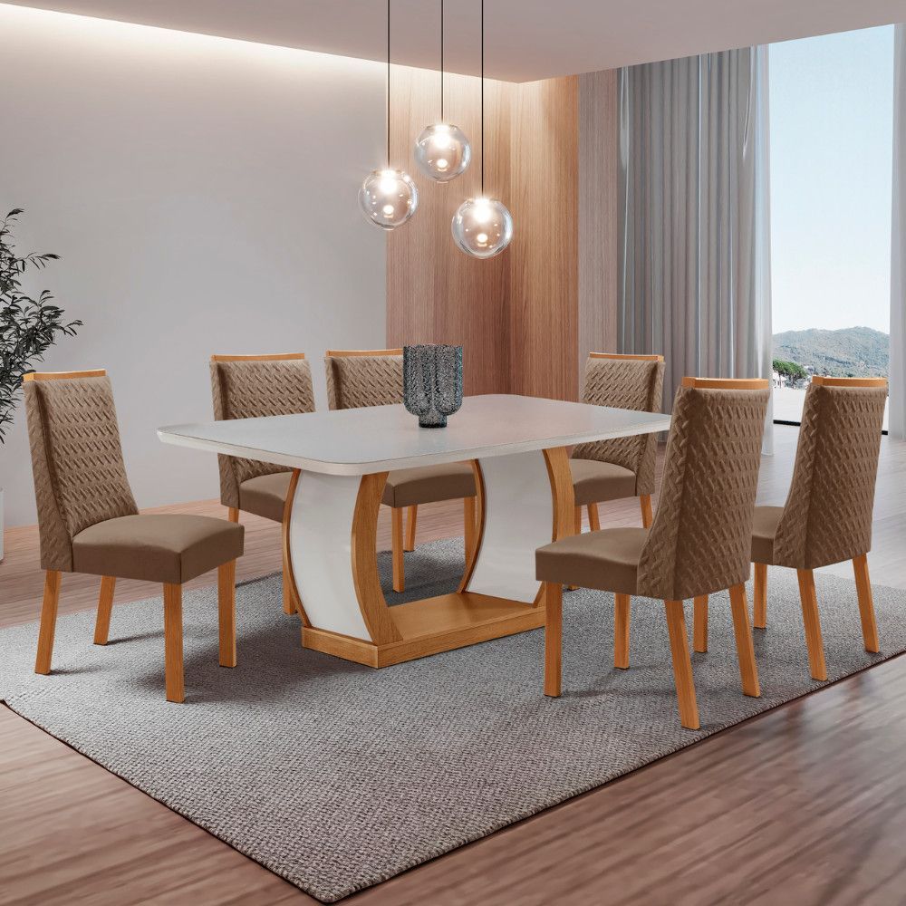 Conjunto de Jantar Milena 6 Lugares Tampo em MDF com Canto Copo e Cadeiras Carolina Estofadas em Veludo Off White 180CM